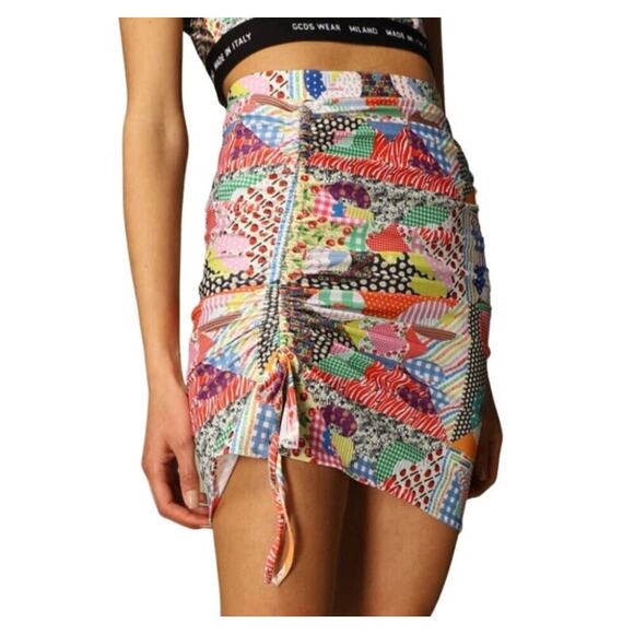 NWOT GCDS Skirt XS Abstract Patchwork Multi Logo Letters Ruched Adjust Mini - Picture 1 of 16